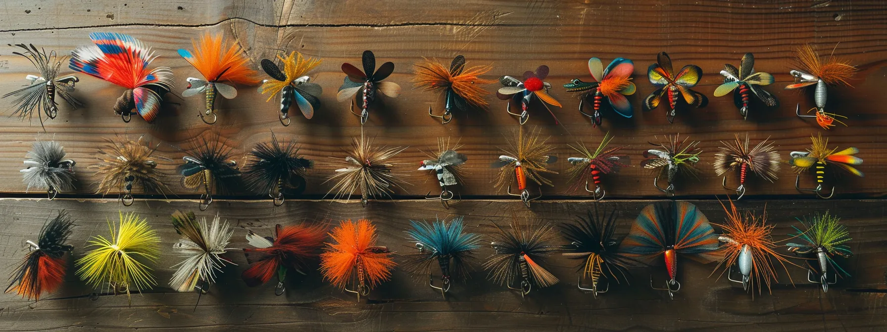a selection of colorful, realistic-looking dry fly fishing lures arranged neatly on a wooden table.