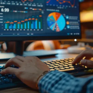 a person typing on a computer keyboard with various graphs and charts displayed on the screen.
