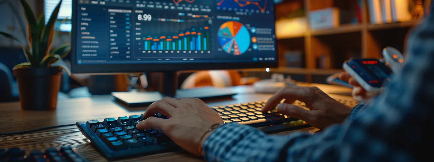 a person typing on a computer keyboard with various graphs and charts displayed on the screen.