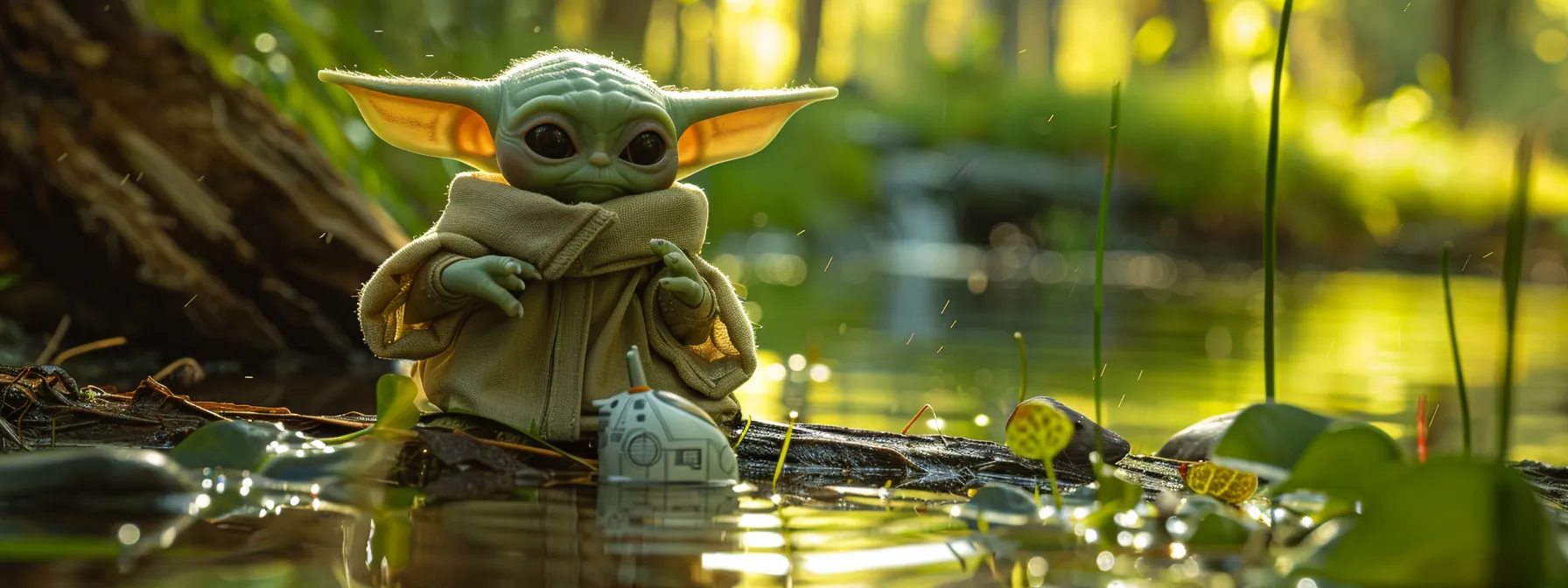 baby yoda conducting research and experimentation with dry fly fishing lures.