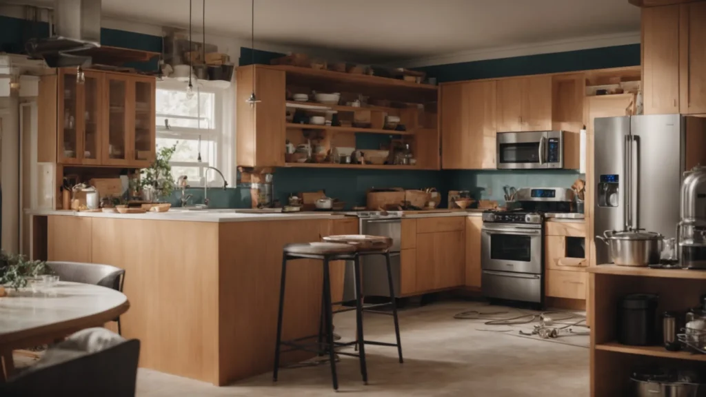 a kitchen with outdated appliances and cabinetry, surrounded by construction tools and materials, illustrating a space in the process of renovation.