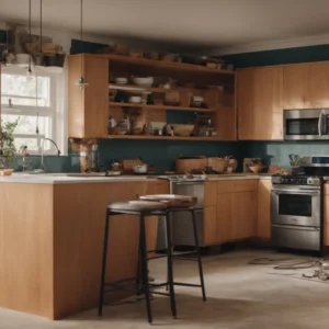 a kitchen with outdated appliances and cabinetry, surrounded by construction tools and materials, illustrating a space in the process of renovation.