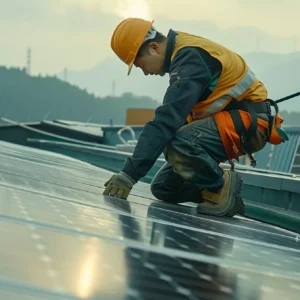 a technician installing solar panels on a rooftop.