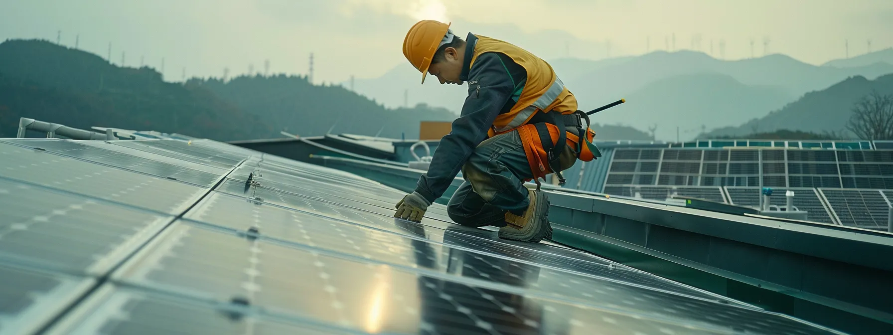 a technician installing solar panels on a rooftop.