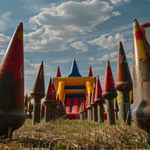 several large stakes firmly securing a bounce house to the ground.
