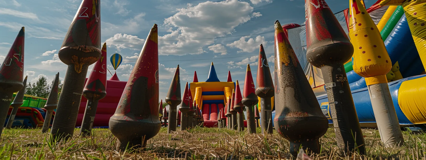 several large stakes firmly securing a bounce house to the ground.