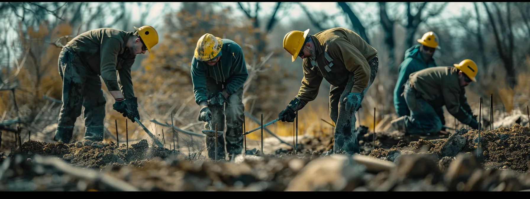 a group of workers in hard hats driving stakes into the ground with precision and determination.