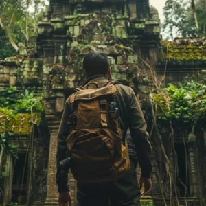 探索世界各地古代废墟的导览之旅：一名身着探险服装的探险家站在古老废墟遗址前，背景是苔藓覆盖的石头墙和破旧的古塔。