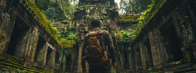 探索世界各地古代废墟的导览之旅:一名身着探险服装的探险家站在古老废墟遗址前,背景是苔藓覆盖的石头墙和破旧的古塔。
