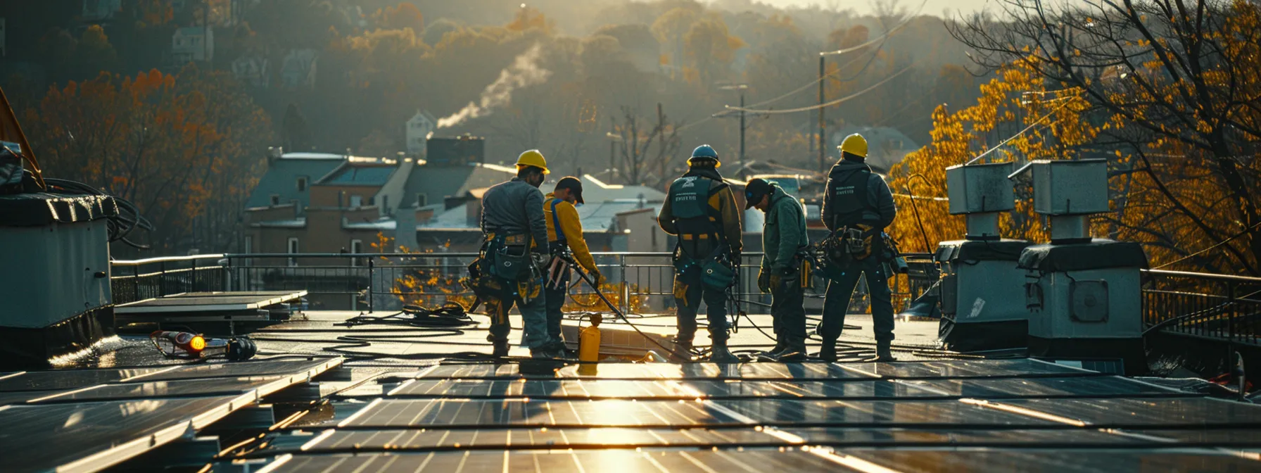 a team of technicians using advanced tools and equipment to install solar panels on a rooftop in pennsylvania.