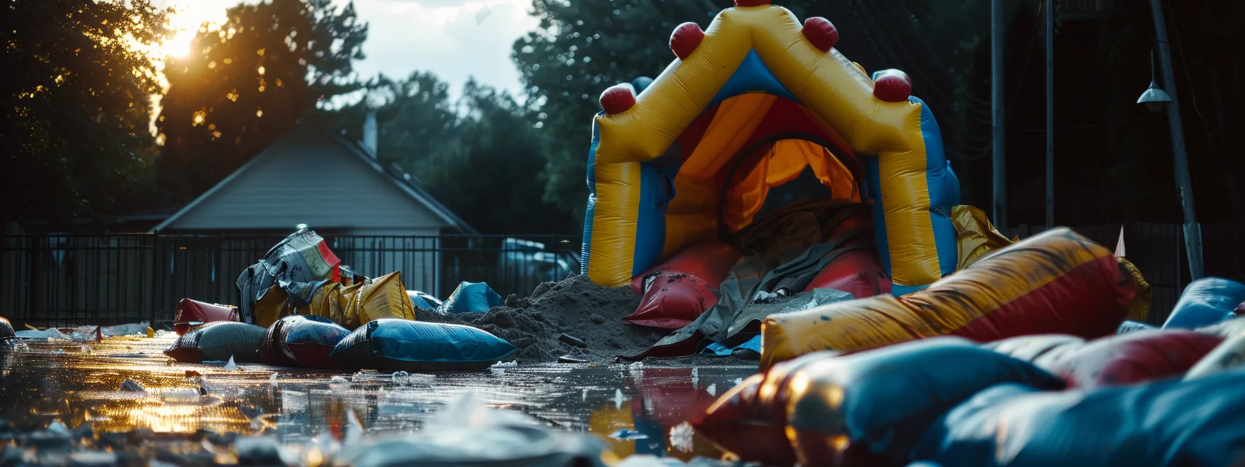 a bounce house struggling to stay anchored as sandbags slide around on the ground.