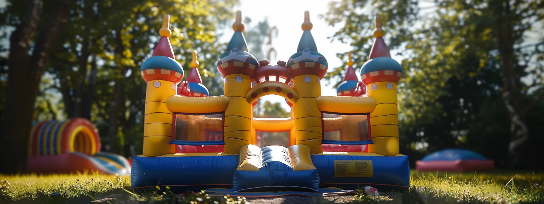 a bouncy castle securely anchored to the ground with sandbags.