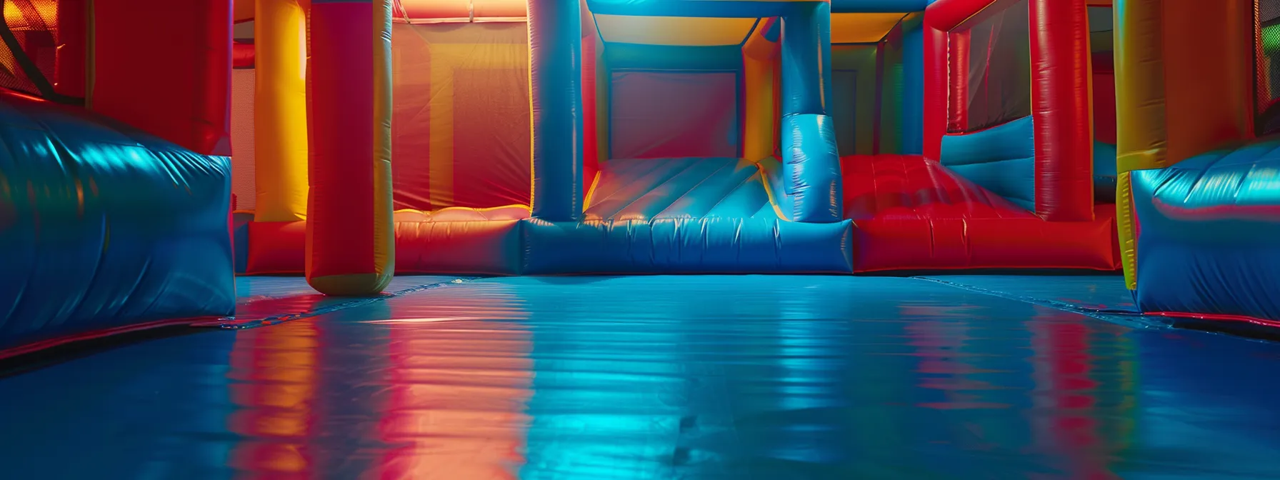an indoor bounce house secured with weighted bags on the floor to prevent it from tipping over.