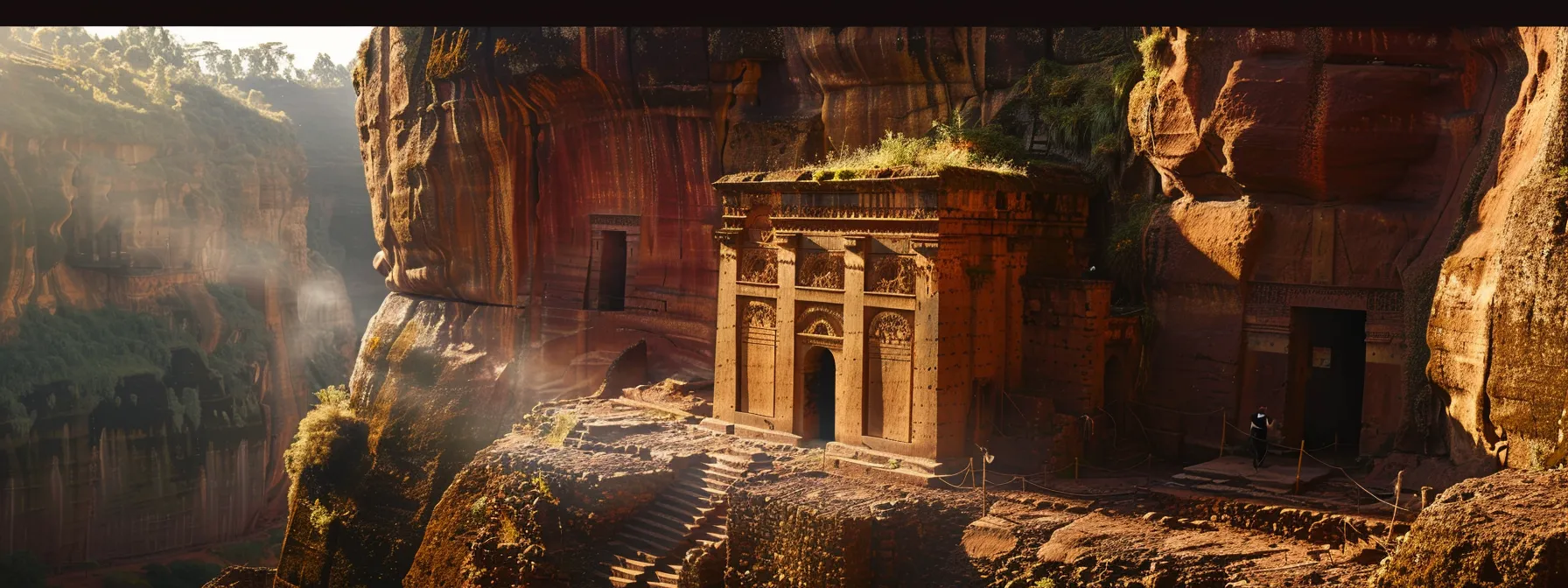 在埃塞俄比亚拉利贝拉的岩石教堂里,一座独特建筑技艺的古老教堂映衬着阳光,展现宏伟的宗教意义。