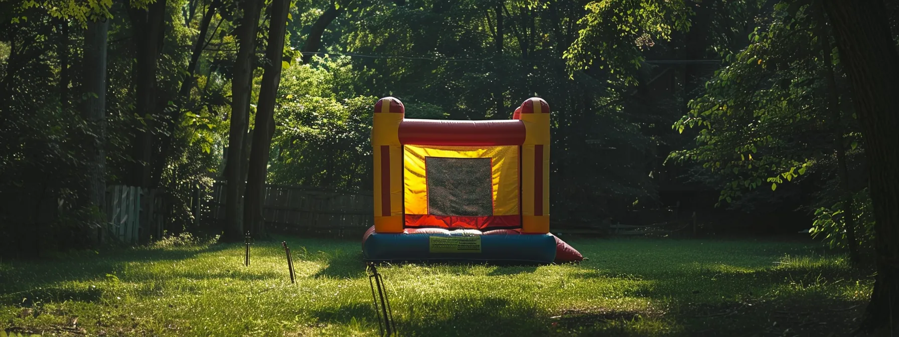a bounce house securely anchored to the ground with stakes and sandbags, ensuring it stays in place during a backyard party.
