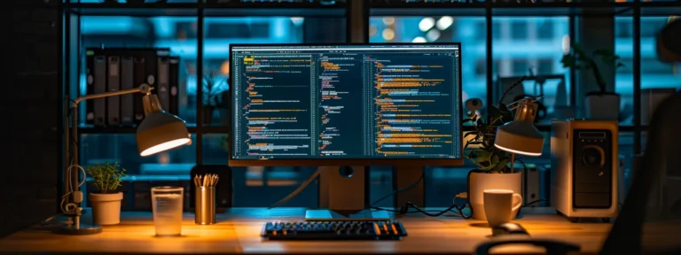 a sleek computer screen displaying intricate web tracking algorithms in a dimly lit room.