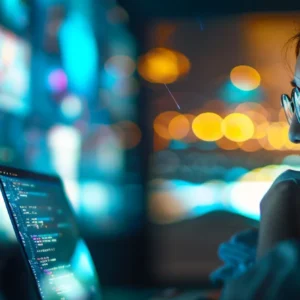 a person using a laptop in a dimly lit room, with a subtle glow reflecting off their face, surrounded by screens displaying various websites capturing data in the background.