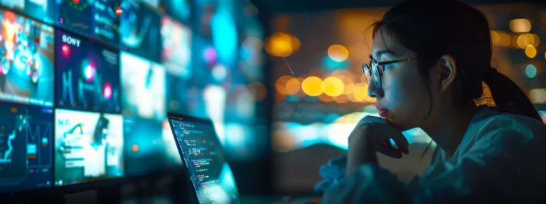 a person using a laptop in a dimly lit room, with a subtle glow reflecting off their face, surrounded by screens displaying various websites capturing data in the background.