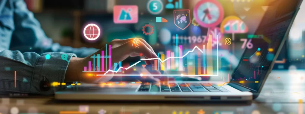a business owner analyzing competitor strategies on a laptop, surrounded by colorful local business signs, standing out with vibrant local seo tactics.