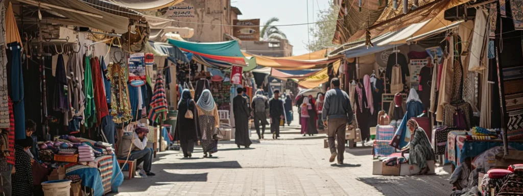 a bustling local market with vibrant banners and signs promoting various businesses, attracting crowds of potential customers.