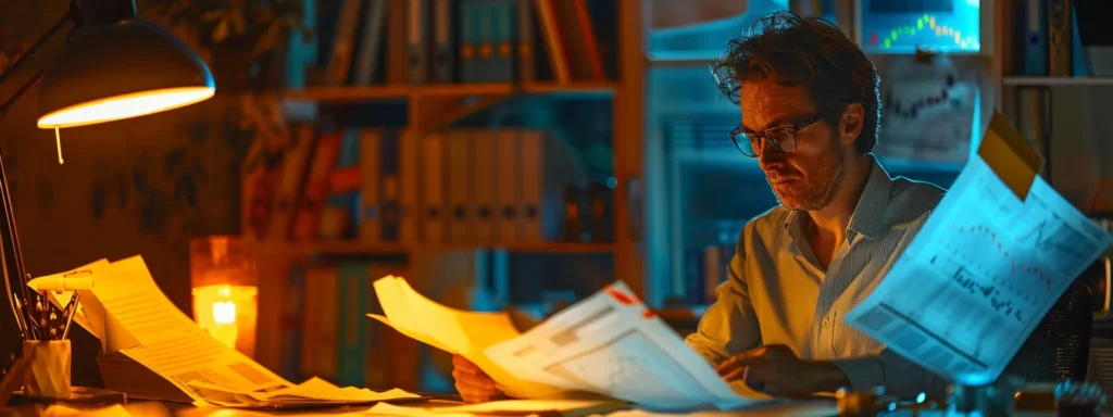 a focused investor carefully comparing different gold ira providers while surrounded by piles of research papers and charts.