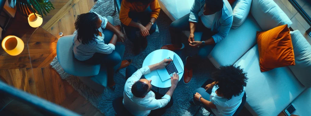 a group of diverse professionals collaborating in a modern office space, discussing test strategies and software development processes.