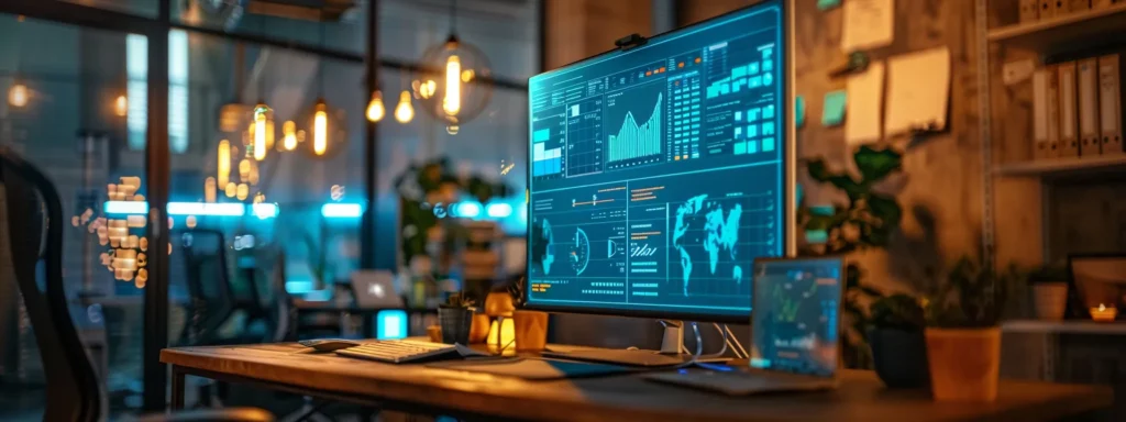 a modern office with a large screen displaying real-time data analytics and efficiency metrics.