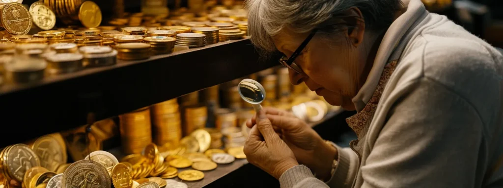 a person carefully selecting gold coins with a magnifying glass, surrounded by shelves of precious metals, showcasing the process of choosing the right precious metals for a gold ira account.