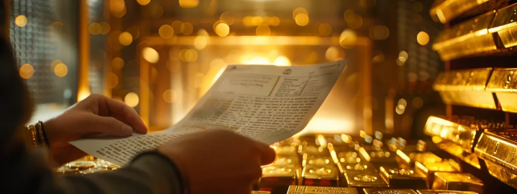 a person carefully studying a detailed list of fees and investment minimums while surrounded by shining gold bars, a secure vault in the background.