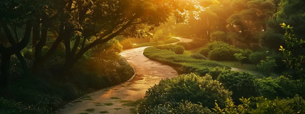 a serene garden with lush greenery and a winding path leading towards a glowing, golden hour sunset.