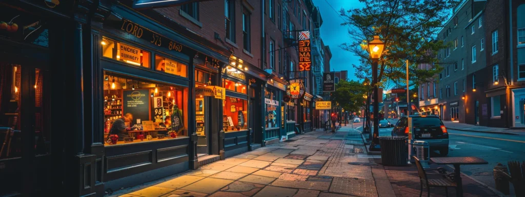 a vibrant, bustling street in baltimore with a storefront displaying glowing positive reviews from satisfied customers.