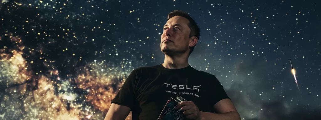 123 elon musk, clad in a black tesla t-shirt, stands with a confident expression against a starry night sky backdrop, holding 'the future of humanity' book, with a spacex rocket in the distance. 456
