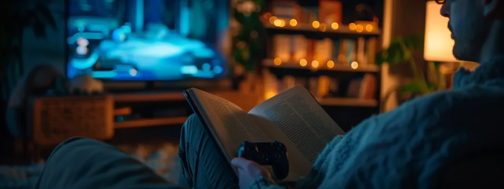 a person reading a book on artificial intelligence while playing a video game.