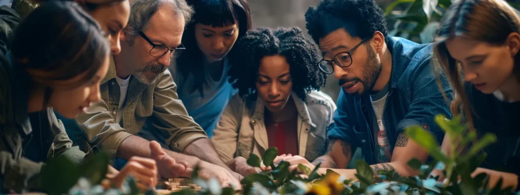 a group of people from diverse backgrounds working together on a community project, sharing knowledge and skills.