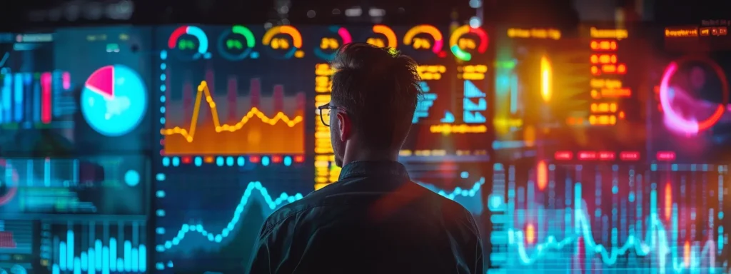 a digital marketer surrounded by colorful charts and graphs, analyzing keyword research tools for targeted traffic.