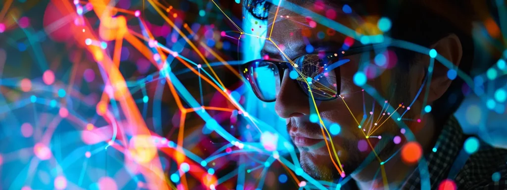 a focused professional analyzing a complex web of interconnected seo tools, with vibrant colored lines representing data flow and optimization strategies.