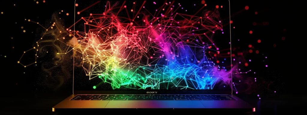 a laptop screen displaying a colorful graph with interconnected lines, showcasing the intricate web of backlinks analyzed by seo professionals using advanced tools.