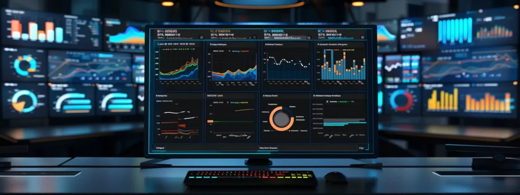 a laptop screen displaying a detailed seo analytics dashboard, with colorful graphs and charts illustrating website performance metrics.