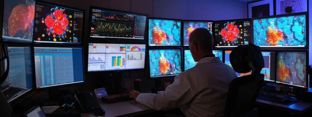 a person analyzing colorful website health data charts on multiple computer screens in a modern office setting.
