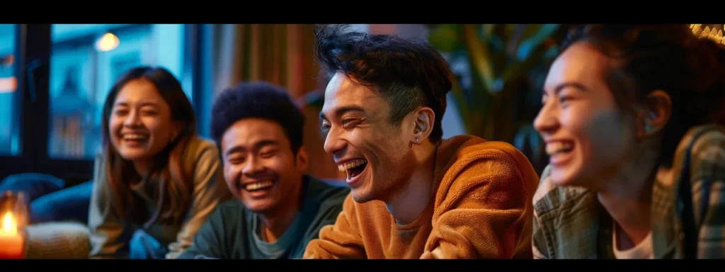 a group of friends strategizing and laughing together during a team-based game.