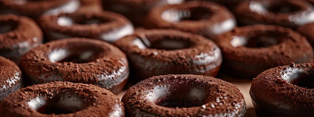 a beautifully arranged display of rich, dark chocolate donuts dusted with cocoa powder, glistening under warm, soft lighting to emphasize their decadent texture and highlight the health benefits of high-quality chocolate.
