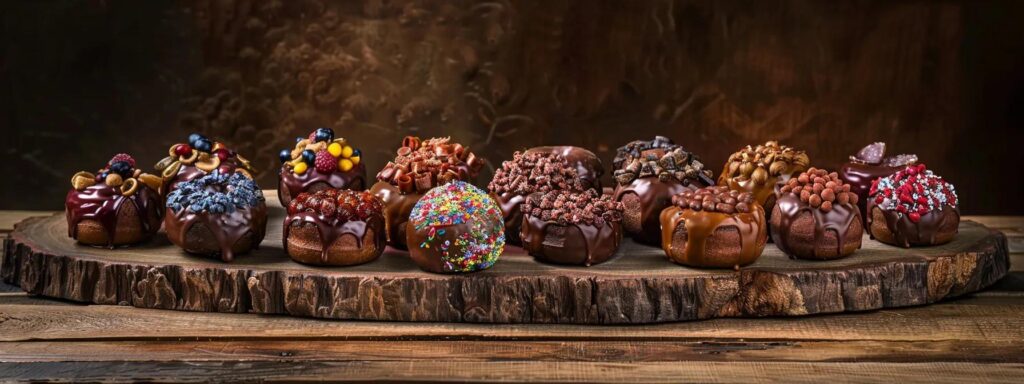 a decadent array of chocolate donuts, glistening with rich glaze and adorned with a sprinkle of colorful toppings, arranged artfully on a rustic wooden table, illuminated by warm, soft lighting that enhances their inviting texture and flavor.