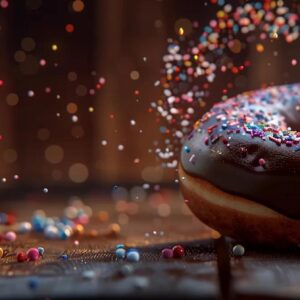 a delectable chocolate donut, glistening with rich ganache, is presented on a rustic wooden table, surrounded by vibrant sprinkles and a soft natural light illuminating its glossy texture.