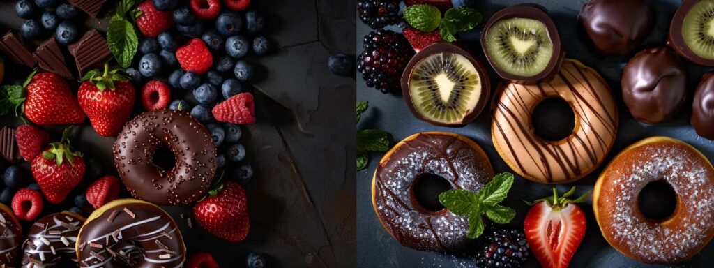 a visually enticing display of assorted chocolate donuts, glistening with rich glaze, surrounded by vibrant fresh fruits and natural sweeteners, highlighting the contrast between indulgence and healthier choices.