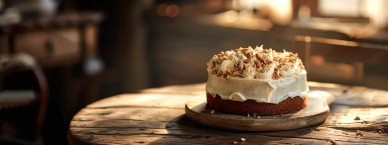 an elegantly frosted hazelnut cake sits on a rustic wooden table, bathed in soft, natural light that highlights its rich textures and warm tones, evoking a sense of comfort and indulgence.