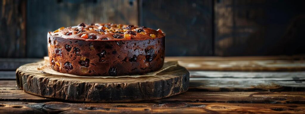 a beautifully aged fruitcake sits on a rustic wooden table, its rich, dark surface adorned with glistening pieces of dried pear and vibrant citrus peel, casting a warm glow under soft, natural light that highlights its moist texture and inviting aroma.