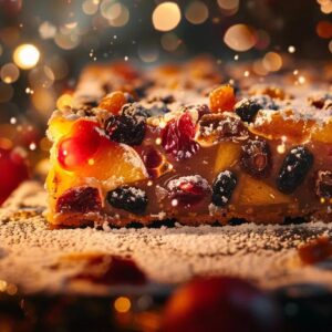a beautifully arranged display of rich, colorful fruitcake slices adorned with glistening dried fruits and a dusting of powdered sugar, set against a backdrop of twinkling christmas lights.