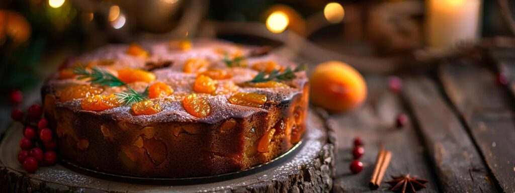 a beautifully arranged fruitcake, adorned with vibrant apricots and rich spices, sits elegantly on a rustic wooden table, bathed in warm, soft natural light, highlighting its inviting texture and festive colors.