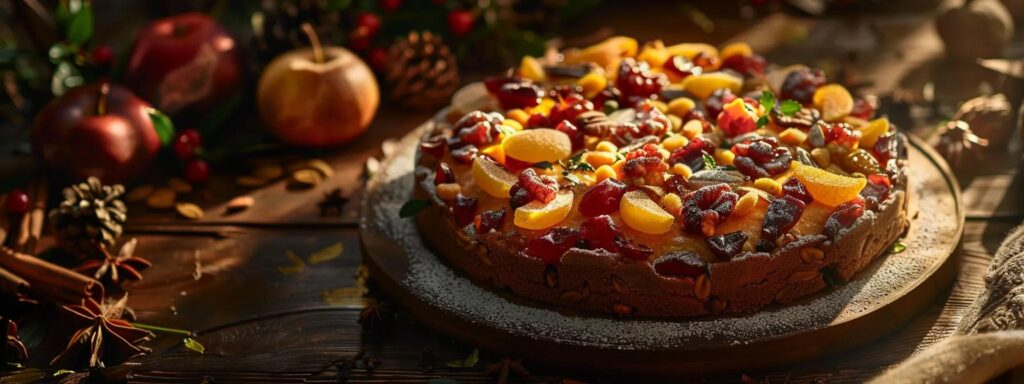 a beautifully arranged fruitcake, adorned with vibrant dried fruits, glistening nuts, and a sprinkle of aromatic spices, is set against a warm, inviting backdrop that highlights its rich textures and colors.