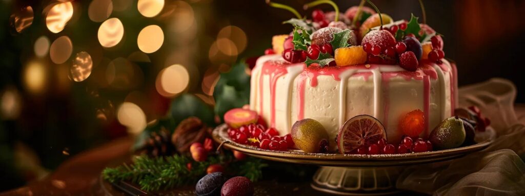 a beautifully decorated holiday fruitcake, adorned with smooth icing, vibrant edible decorations, and fresh garnishes, radiates festive charm against a warm, softly lit backdrop.